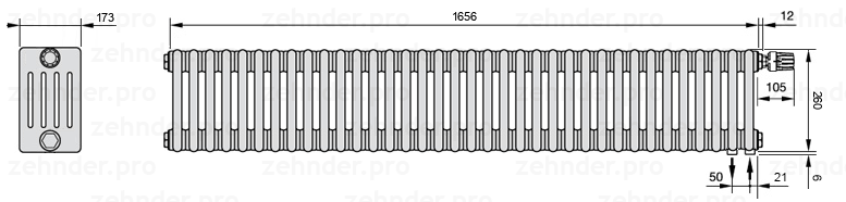 Схема (чертеж) Радиатор Zehnder Charleston 5026/36 №V002 Белый глянцевый RAL 9016